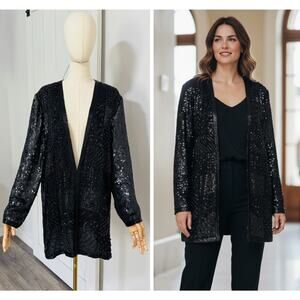 Vintage Niteline Women’s Size L Silk Black Sequined Beaded Evening Long Jacket